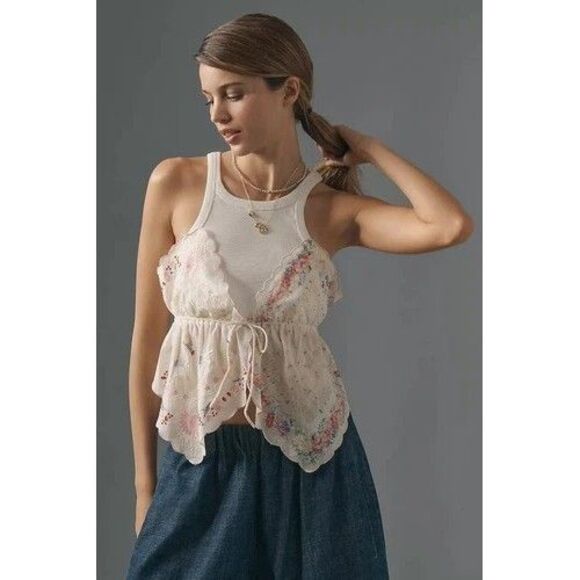 By Anthropologie Pieced Scarf Tank Blouse Top Printed Embroidered XL NEW 281691 - Picture 1 of 4